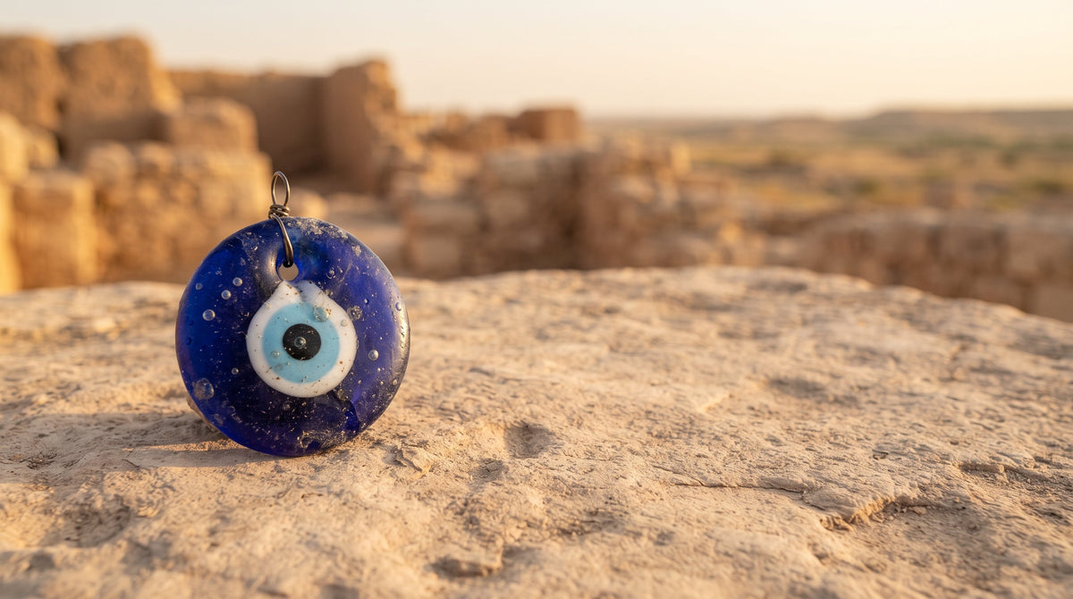 A blue glass eye amulet resting on stone