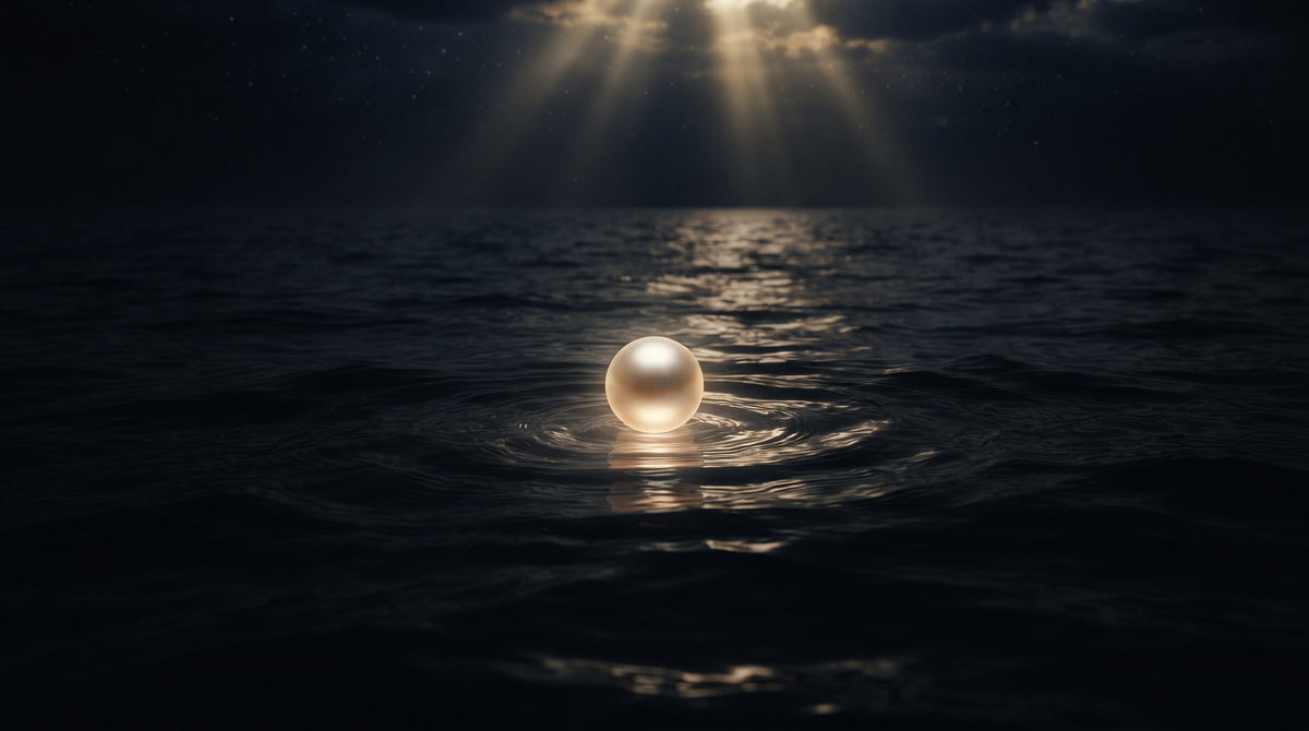 A luminous pearl floating above the ocean