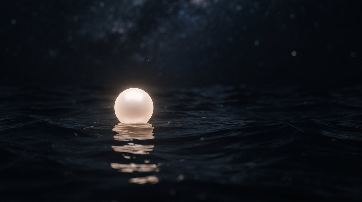 A luminous pearl floating in dark water
