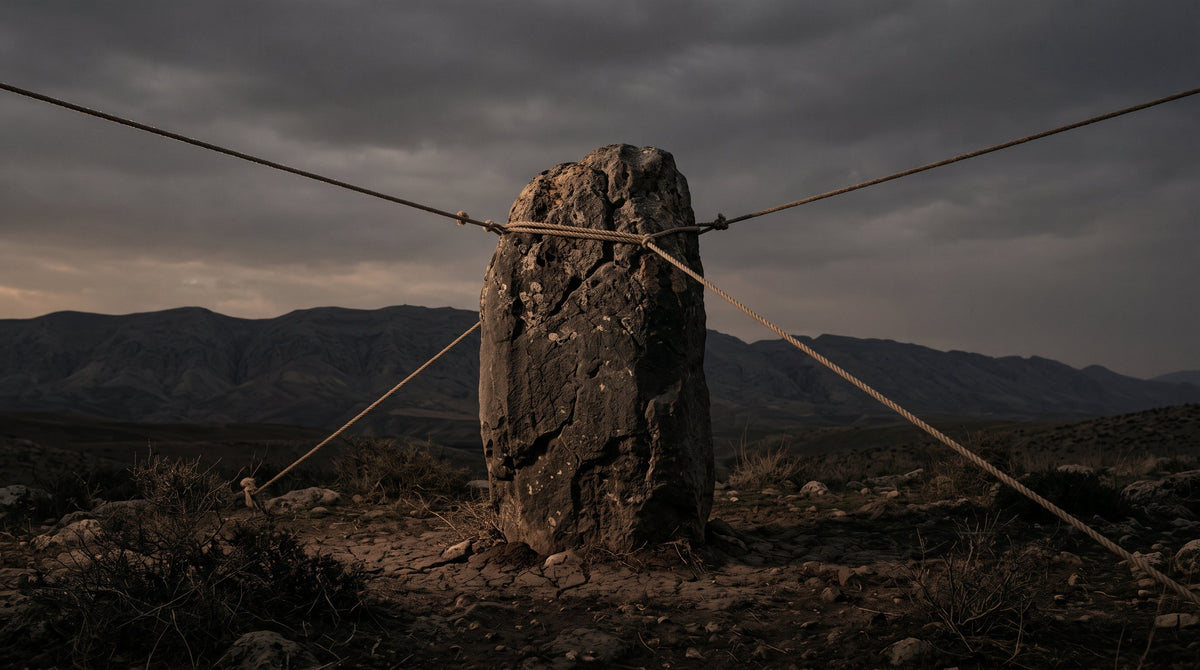 Ropes pulling an ancient stone in opposite directions