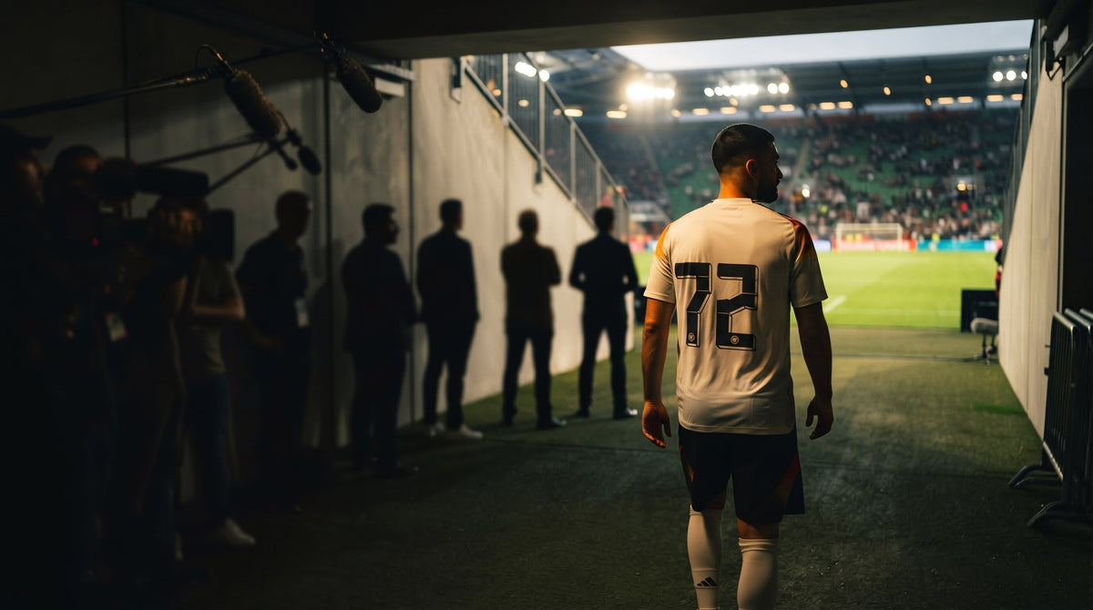 A footballer walking through a stadium tunnel