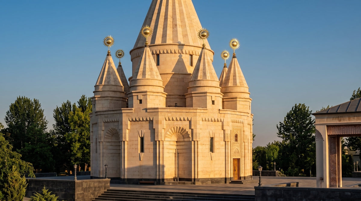 Golden emblems on Quba Mêrê Dîwanê in Aknalich, Armenia