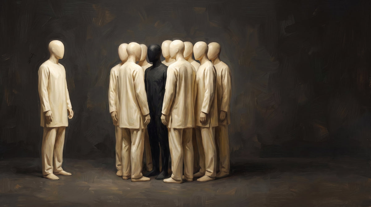 A solitary figure facing a group of faceless people