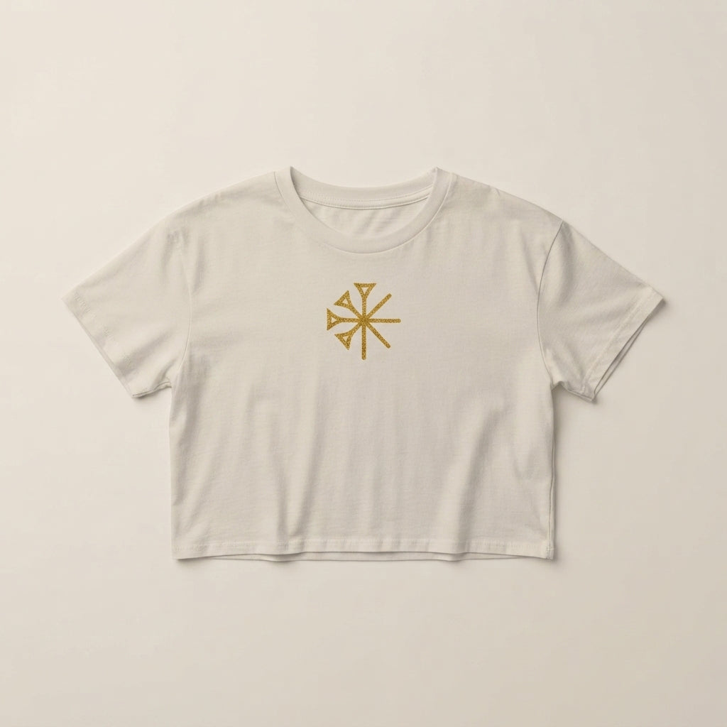 Dingir beige and gold women’s crop top by Ay & Taiyō